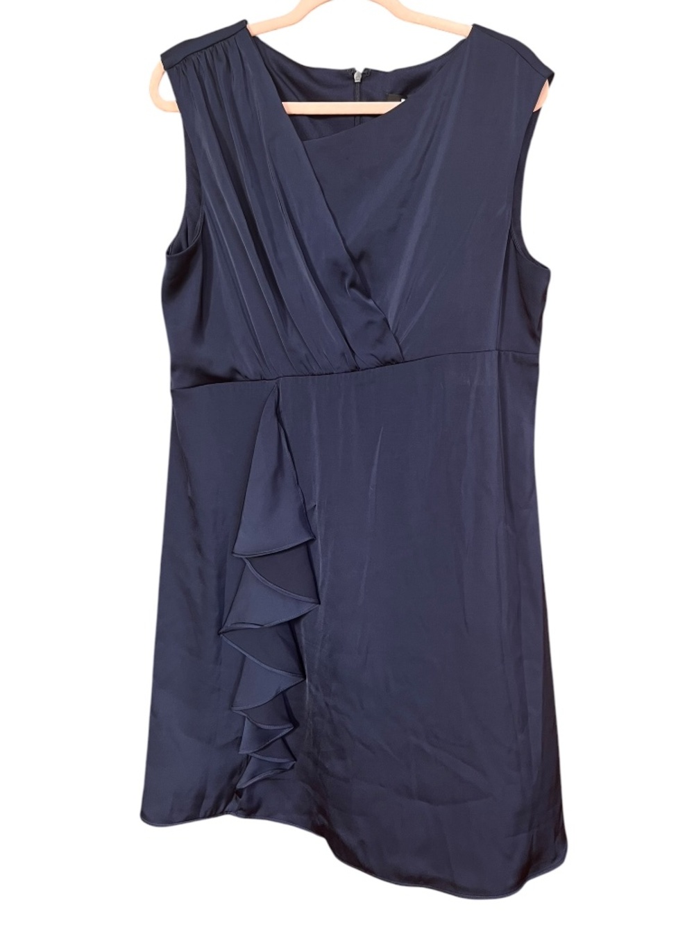 NWT DKNY Navy Blue Asymmetrical Neck Ruffle Front Sheath Cocktail Dress SZ 14